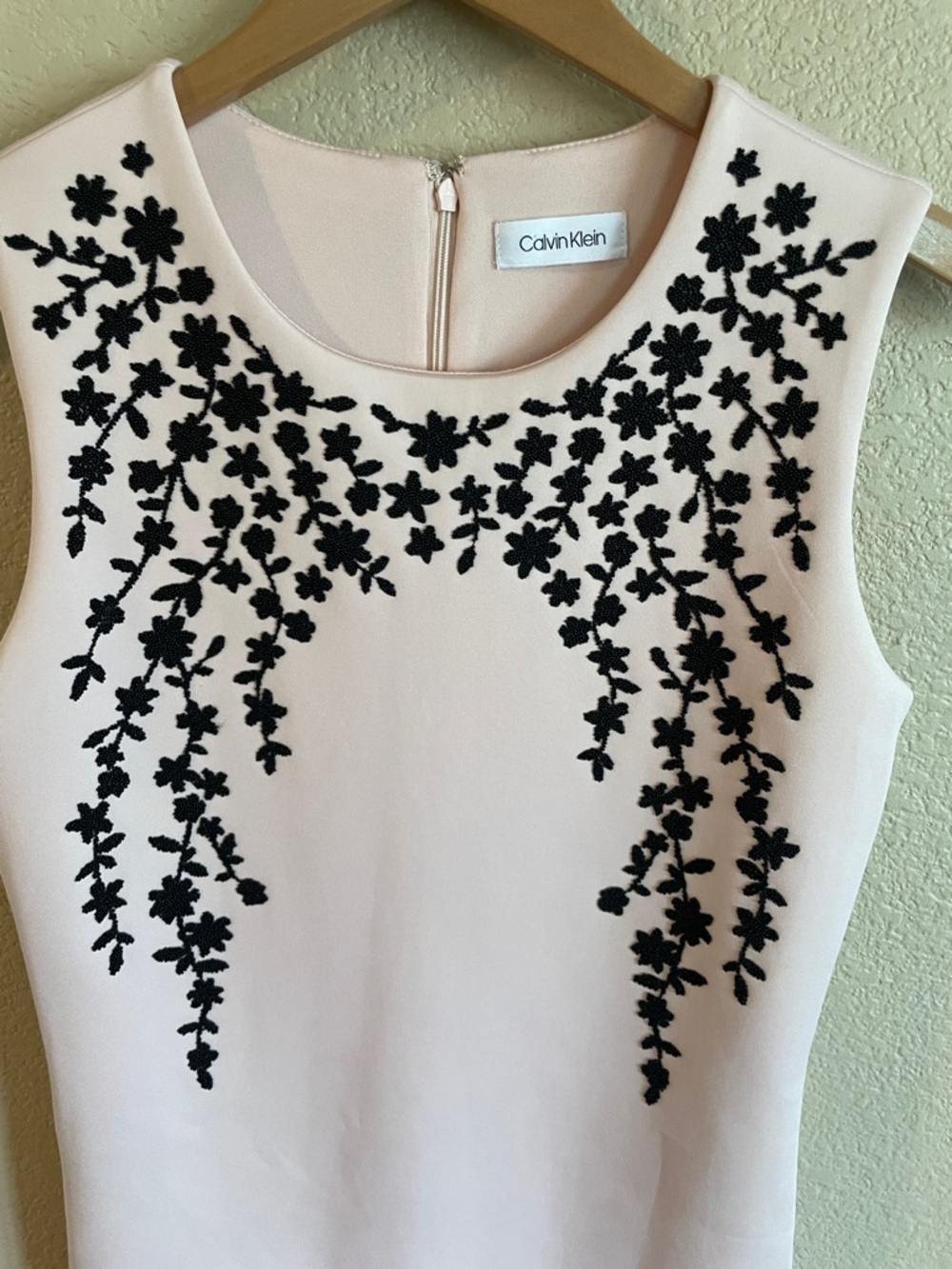 Calvin Klein Blush Pink Midi Sheath Dress with Black Embroidered Floral Appliqué - Picture 5 of 5